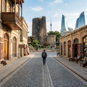 Tour group walking through Baku’s historic center with the Maiden Tower and Flame Towers